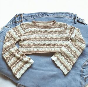 Striped Knit Cropped Sweater with Bell Sleeves Brown & White  Small Medium Large
